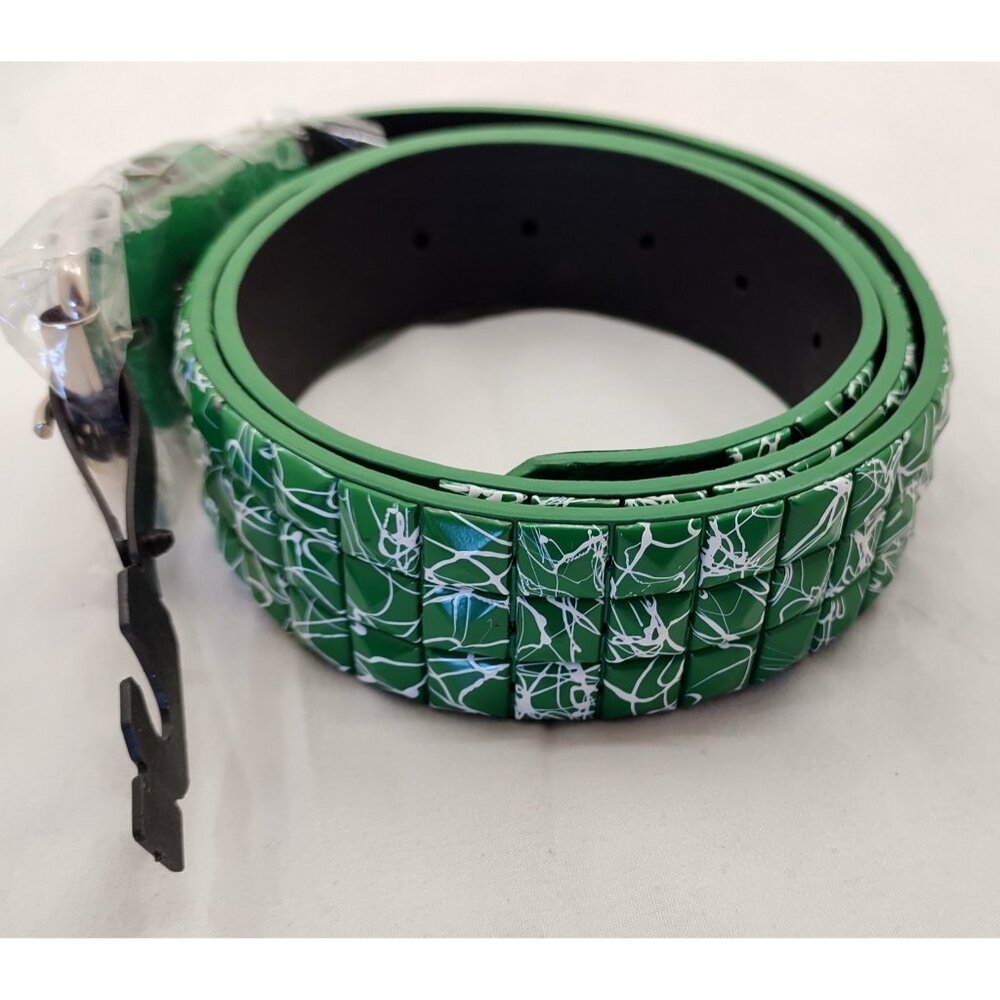 Green Studded Faux Leather Belt Marble Print Alt Style Unisex Fashion Adjustable